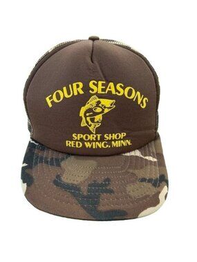 Snapback Trucker Hat VTG Foam Mesh Brown Camo Bill Four Seasons Sports MN